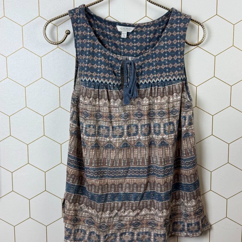 Lucky Brand Boho Blue Geometric Sleeveless Tie-Front Top - Size - XS - Picture 5 of 5